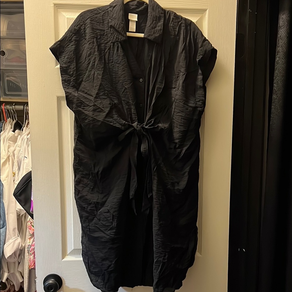 H&M Black Midi Dress Buttoned Tie Front Notched Collar